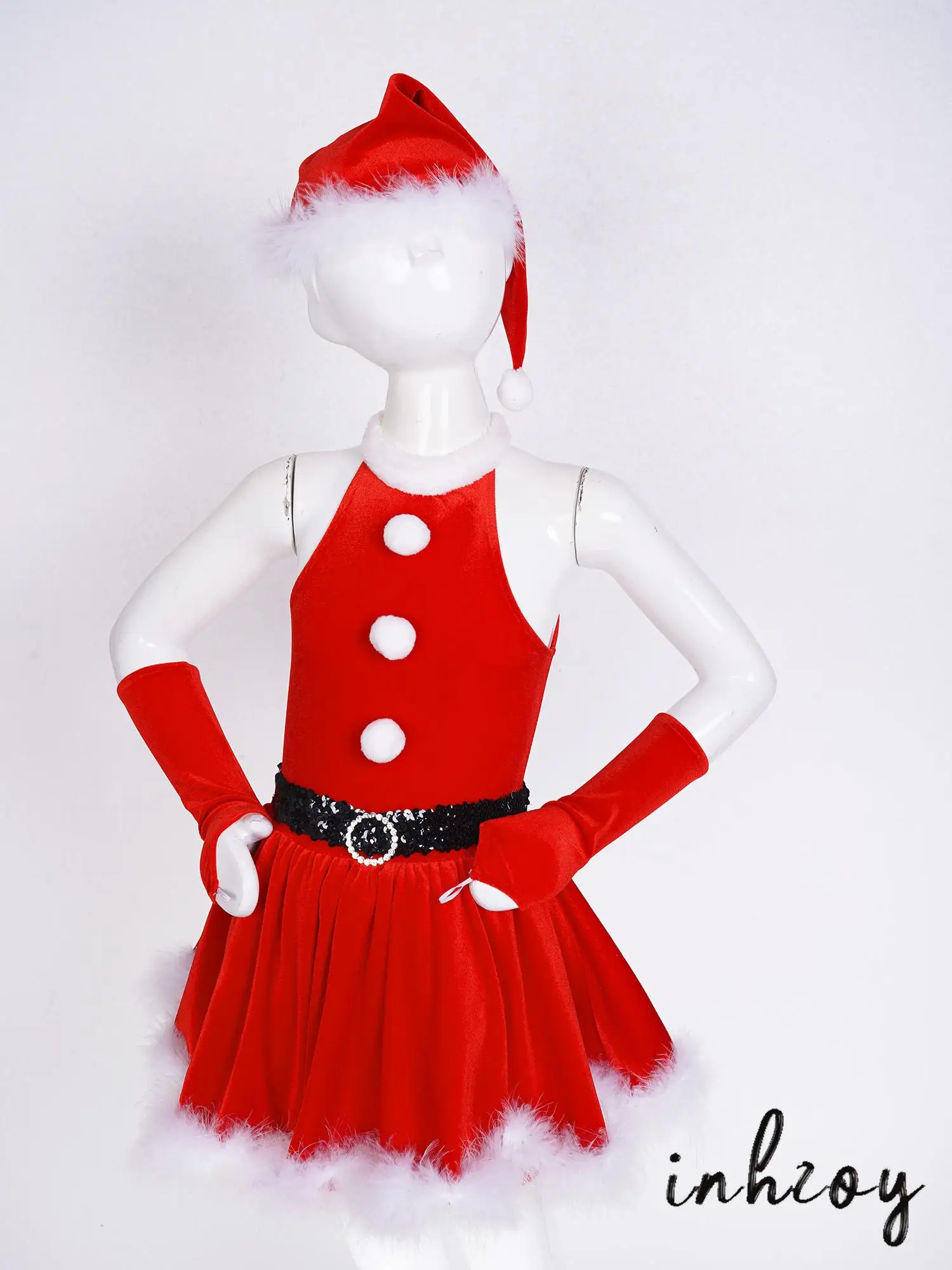 

Kids Girls Christmas Santa Claus Cosplay Costume Velvet A-line Dress with Hat Gloves Suit for New Year Festival Xmas Party