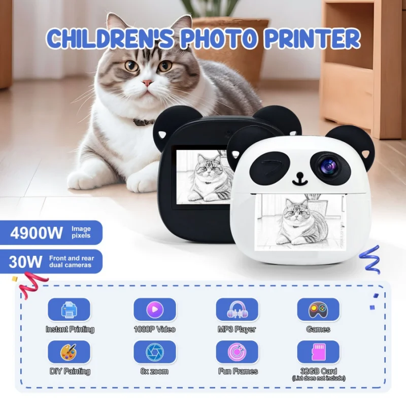 1 szt. Aparat Polaroid dla dzieci z motywem pandy, drukujący termicznie zdjęcia, papier termiczny do zdjęć, HD Mini Śliczny Aparat, Prezent na przyjęcie urodzinowe
