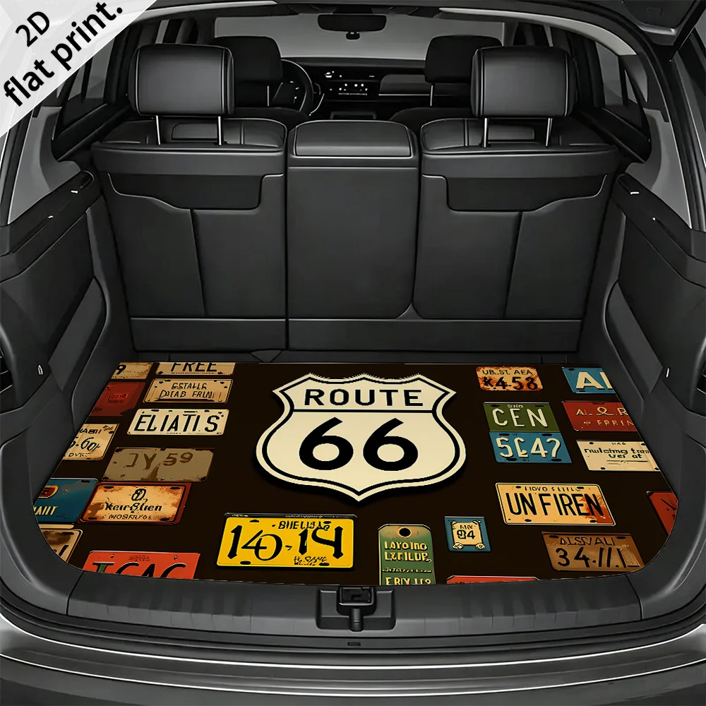 1pc 2D Flat Vintage Route 66 License Plate Car Trunk Mat - Suitable For Sedans And SUVs, Durable, Easy To Clean, Keeps Car Inter