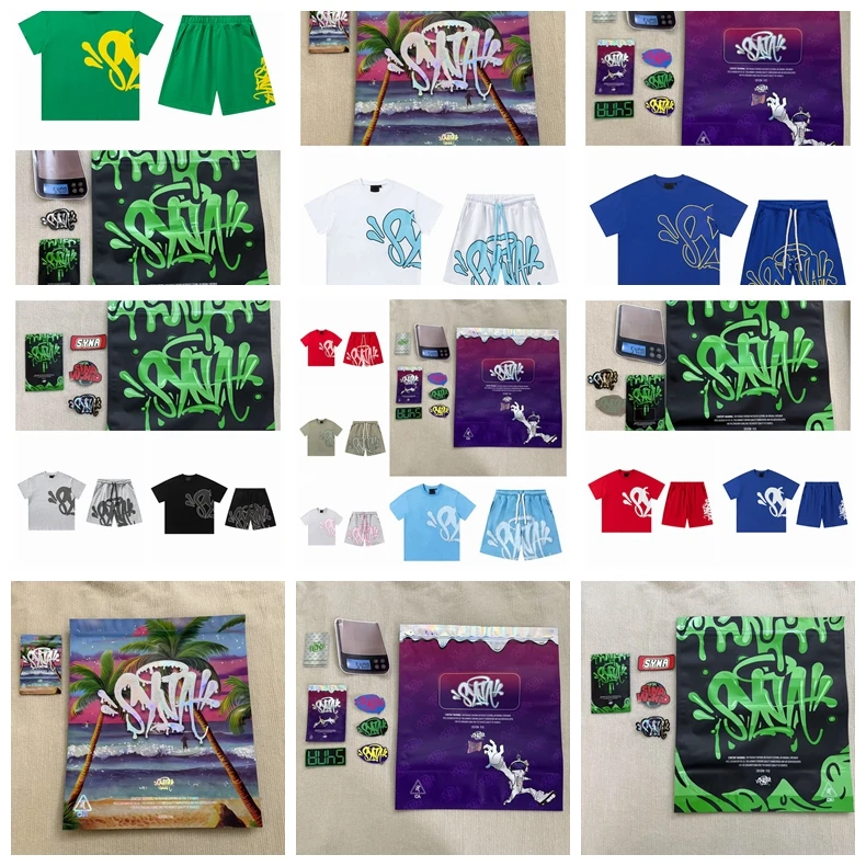 

Syna Foamed Letter Print Drill Повседневная свободная круглая футболка Ne ort Sve и orts Комплект для мужчин и женщин Летняя одежда