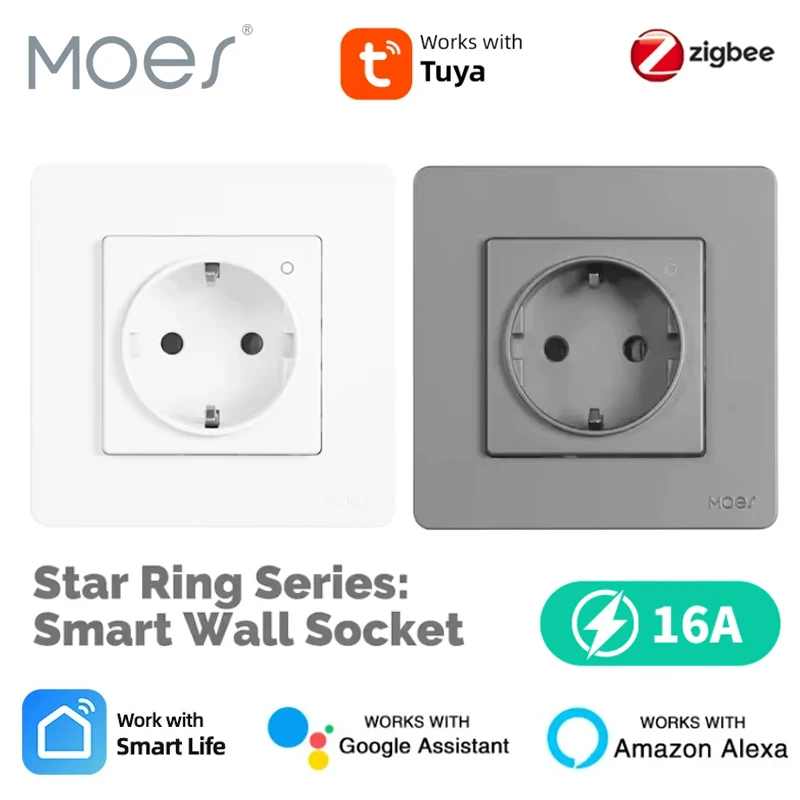 MOES Tuya ZigBee Умная розетка ЕС Настенная встроенная розетка Монитор энергии Индикатор Приложение Дистанционное управление Голосовое управление Alexa Google Home