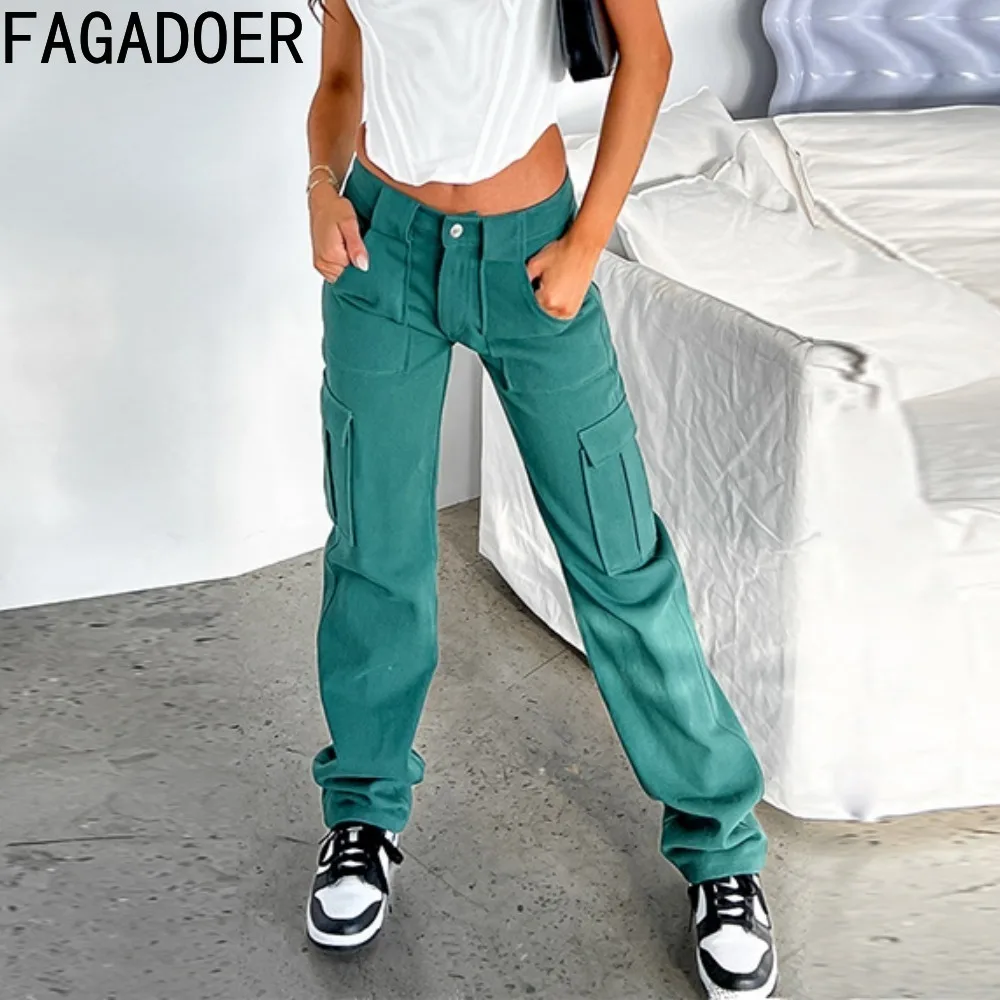 

FAGADOER Casual Patchwork Pocket Denim Pants Women High Waisted Button Straight Trousers Female Solid Color Loose Jean Bottoms