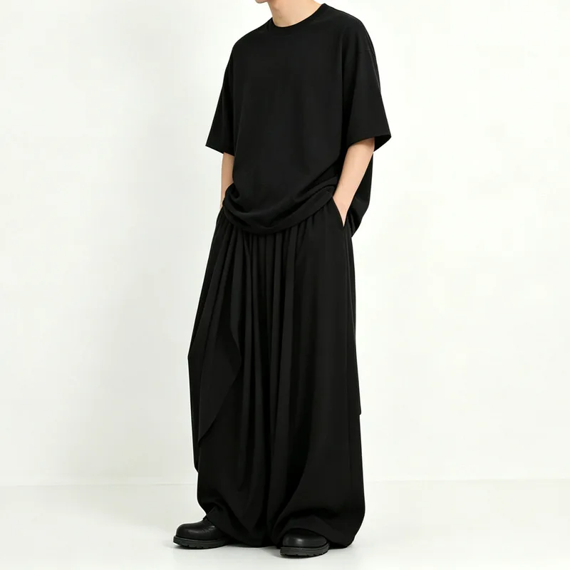 Men'S Casual Wide-Leg Pants, Loose-Fitting, Cropped Length, Dark-Colored, Trendy Long Pants, A115, Men'S Casual Wide-Leg Pants,