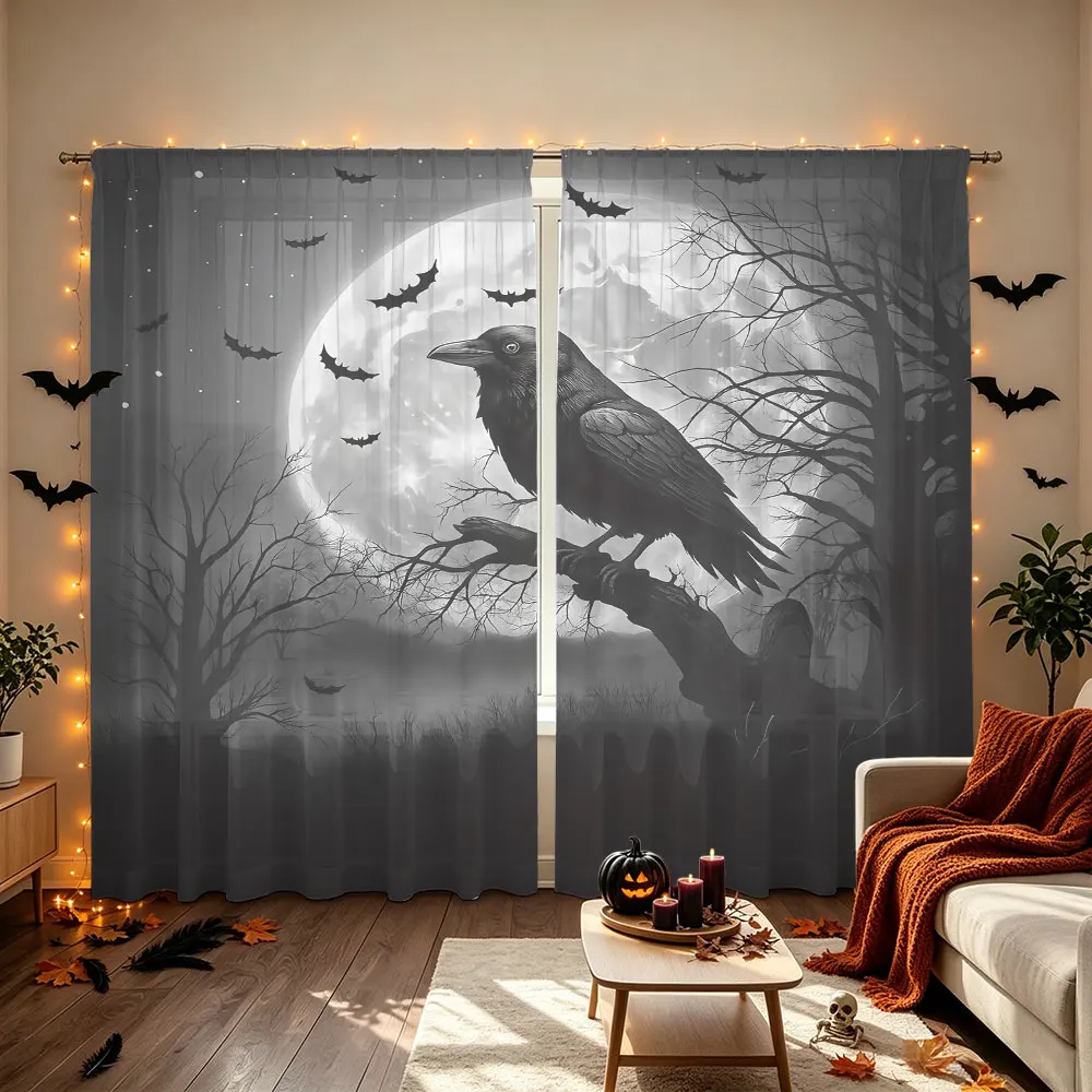 90G Rod Pocket Curtains 2 Panels, Raven Full Moon Tree Cemetery Print Drapes, Gothic Halloween Curtains for Bedroom Living Ro