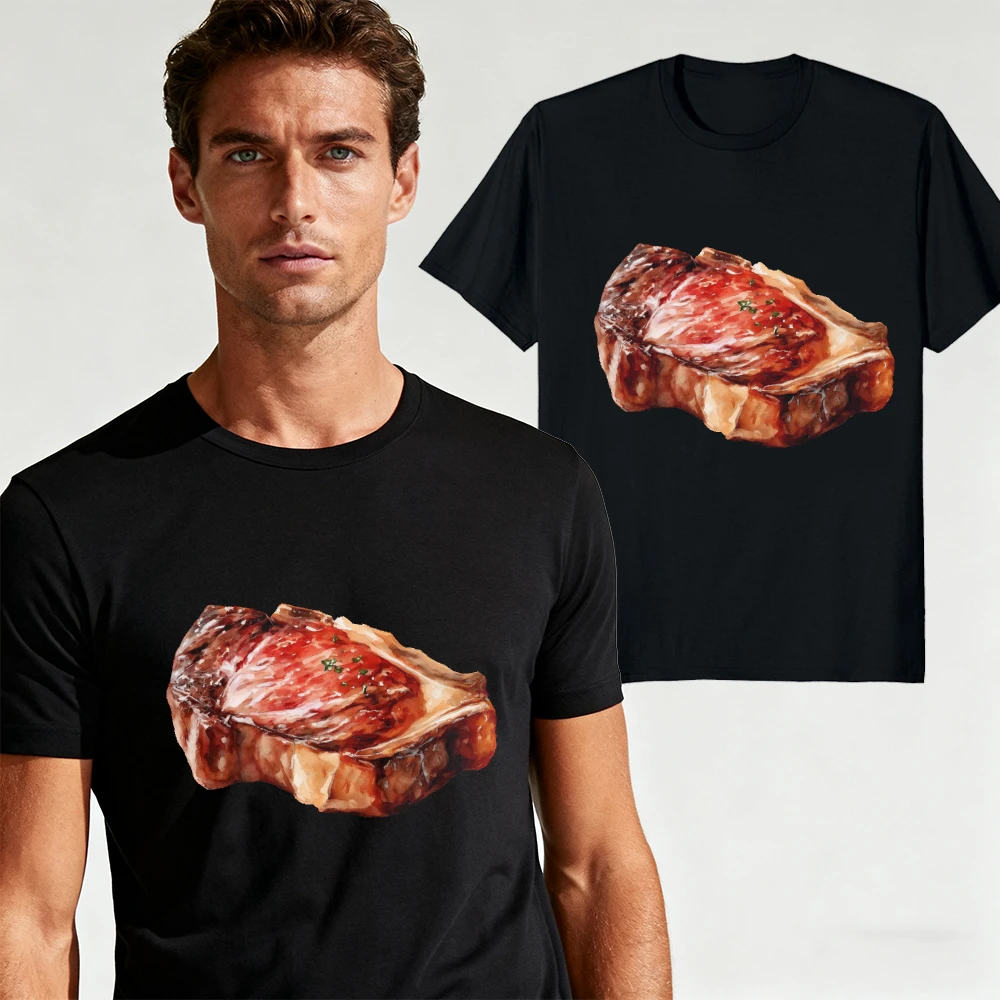 Watercolor Steak Realistic Graphic Men Summer T Shirt BBQ Meat Lover Food Enthusiast Casual Daily Short Sleeve Tee