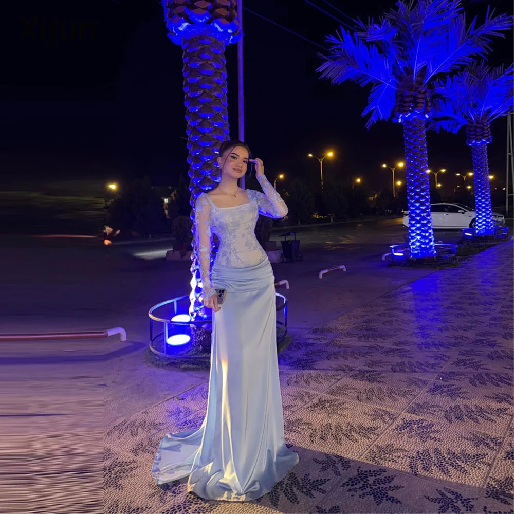 Xijun Gorgeous Blue Long Evening Dresses Lace Flowers Mermaid Prom Dresses Full Sleeves Pleated Dubai Formal Prom Gown Customize