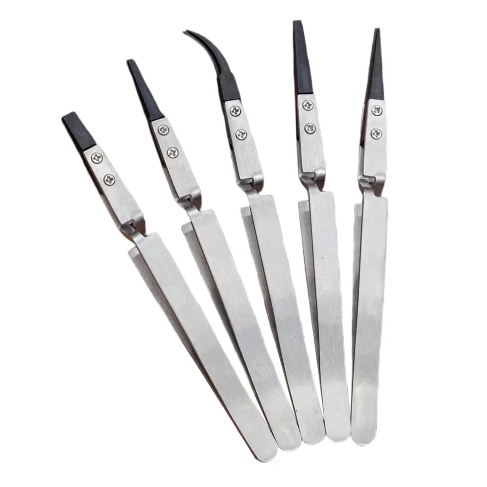 5pcs Precision Ceramic Tweezers Heat Resistant Non-Conductive Anti-Static Stainless Steel Handle For Electronics Repair