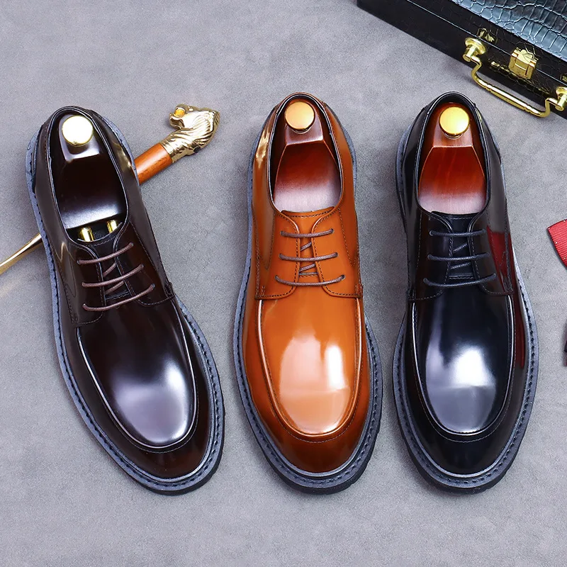 New High Quality Polished Business Casual Shoes British Men\'s Lace-Up Derby Shoes Bright Leather Formal Shoes Round Toe Loafers