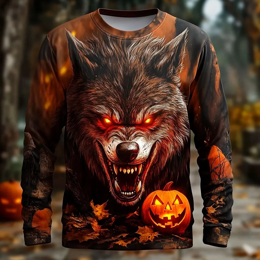 

3D Vintage Wolf Print Men's T-Shirt Retro Cool Long Sleeved Round Neck Tees For Men Gothic Halloween Theme Party Unisex Clothing