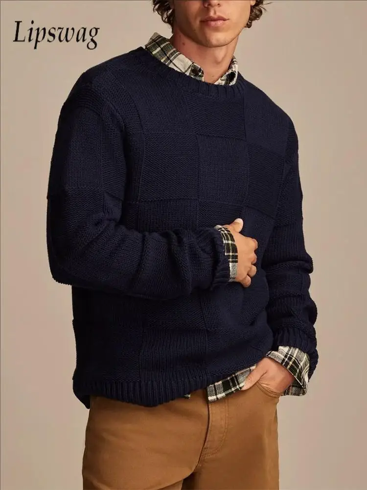 

Stylish Men's Knitted Jumper Tops Spring Fall Vintage Plaid Texture Crochet Sweaters Mens Casual Long Sleeve O Neck Knit Sweater
