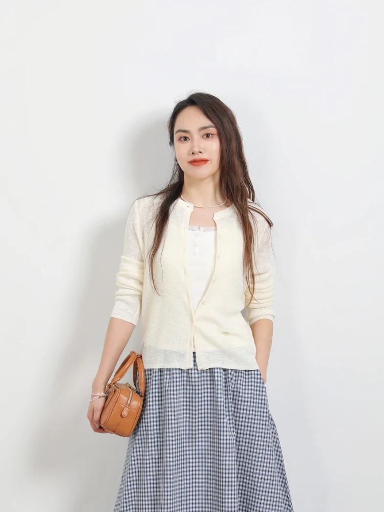 

Cool Sensation Sun Protection Slim Fit Korean Sle Knitted Open Cardigan Women's Summer Air Conditioner irt Ice Sand White