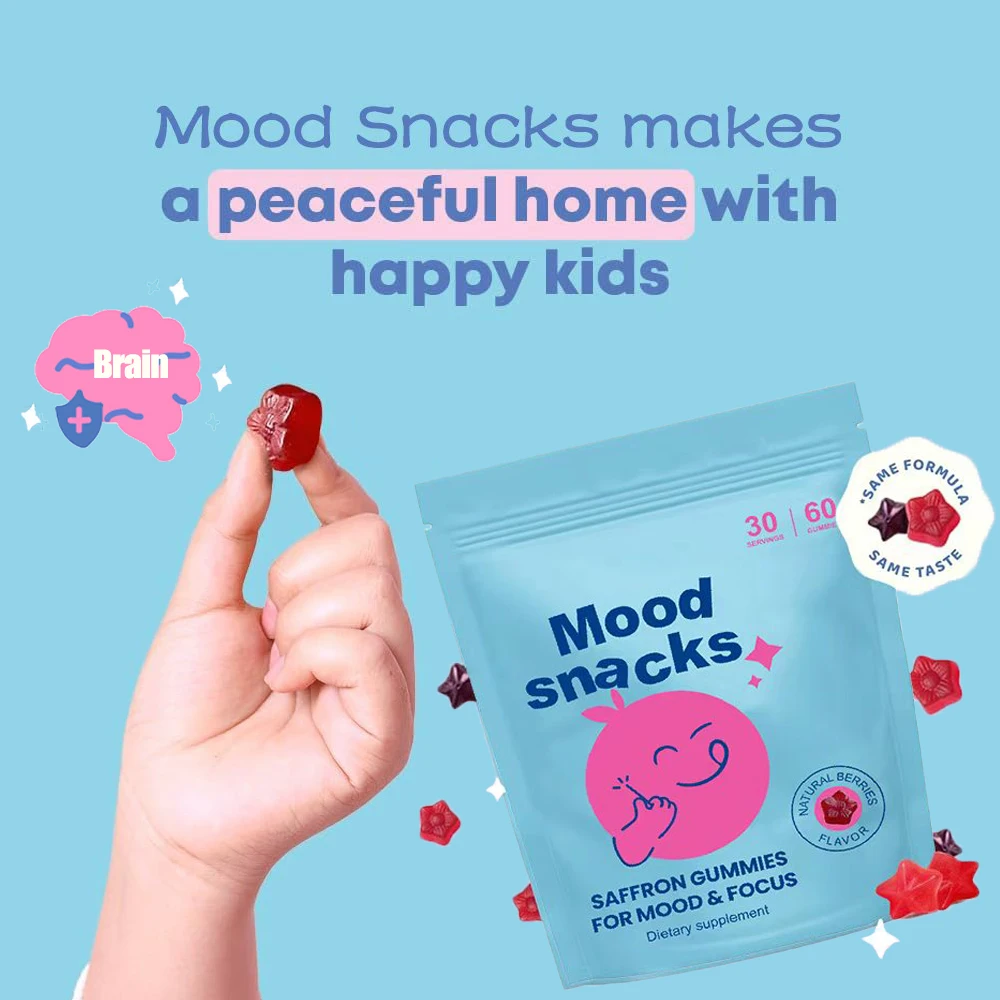 

Mood Snacks Saffron Gummies for Kids | Teens Mood Supplement Focus, Calms and Mood Support Vitamins Gummies | Sugar Free Gummies