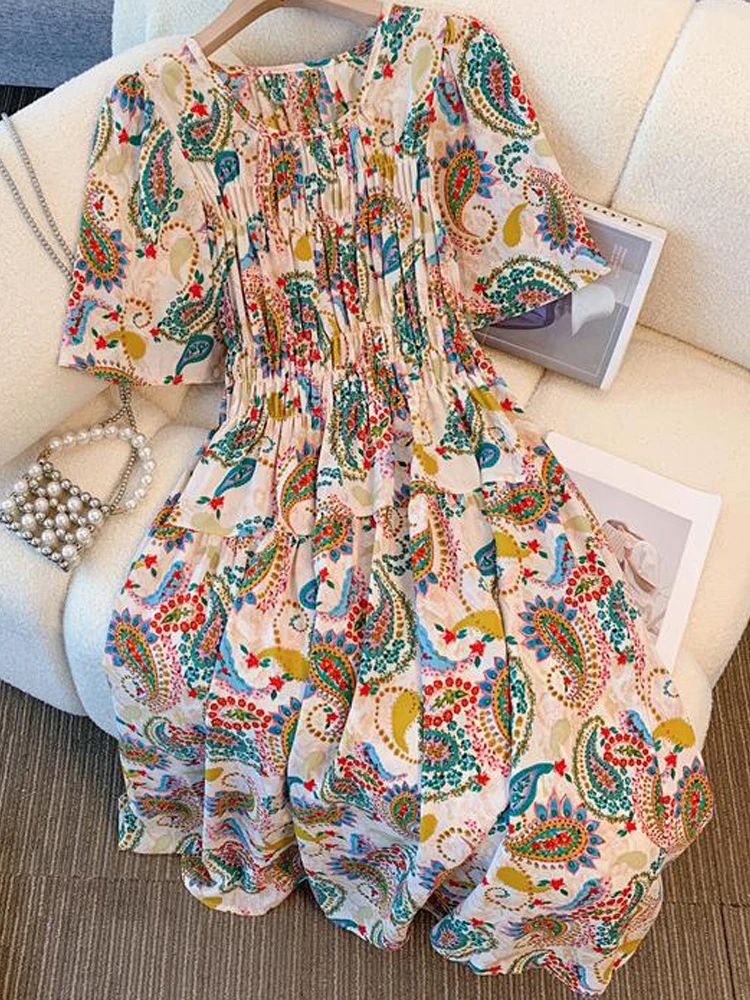 NYFS حجم كبير فستان نسائي صيف 2025 فضفاض مرونة الخصر قصيرة الأكمام بوهيميا فساتين طويلة رداء Elbise النمط الكوري #6