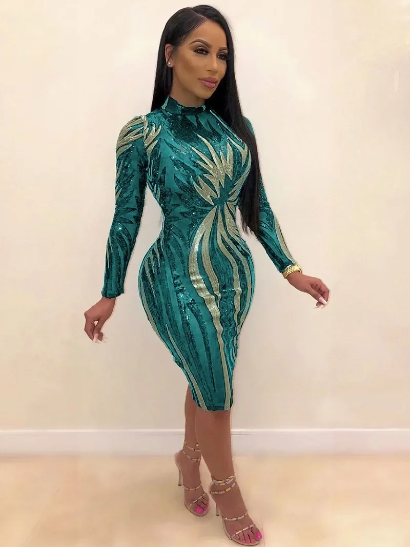 

GUWU Women O-neck Sequined Long Sleeve Bodycon Bandage Dress Sexy Birthday Evening Night Party Club Vestidos Dresses