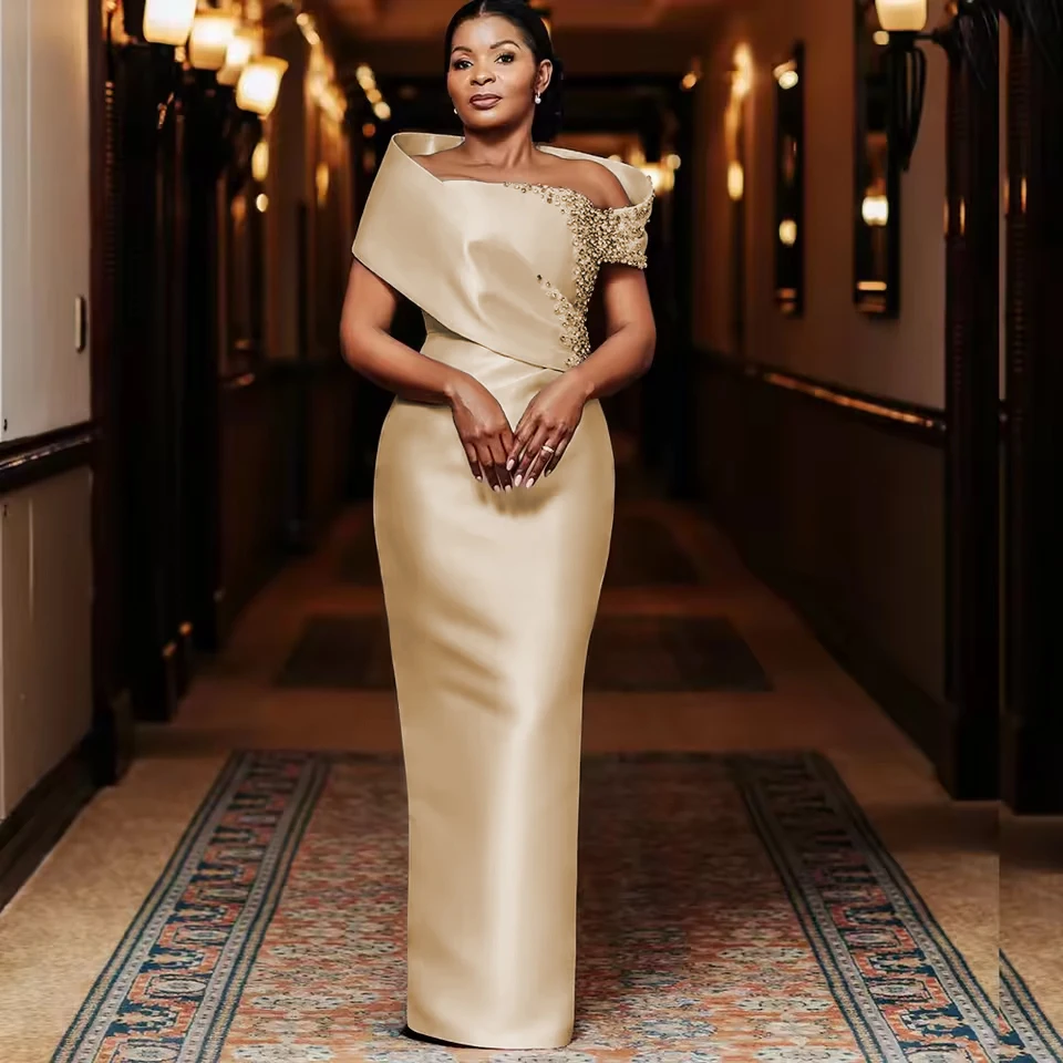 Nigeria Satin Mother of the Bride Dresses 2026 Off Shoulder Straight Crystal Women Wedding Guest Evening Dress Customized