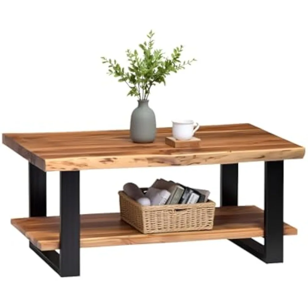 

2-tier Edge Coffee Table –With Natural Finish, Lower Shelf Storage,2-tier Edge Coffee Table