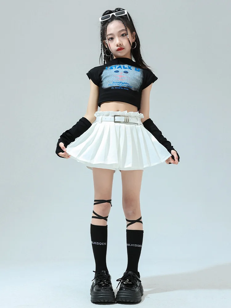 Kid Hip Hop Clothing Cat Mock Neck Crop Top T Shirt Arm Sleeve White Skirts for Girl Jazz Dance Costume Hip-hop Clothes