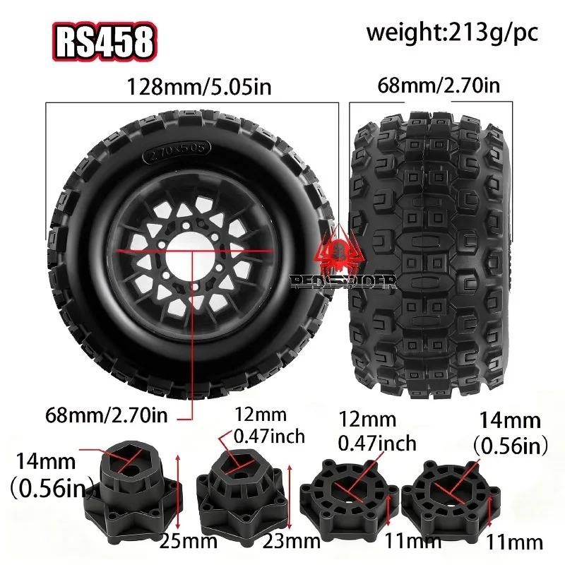 4pcs 128mm 1/10 Monster Stunt Truck general Tire 12mm and 14mm Hex for TRXS MAXX ARRMA Granite KRATON Outcast Tamiya Losi Red