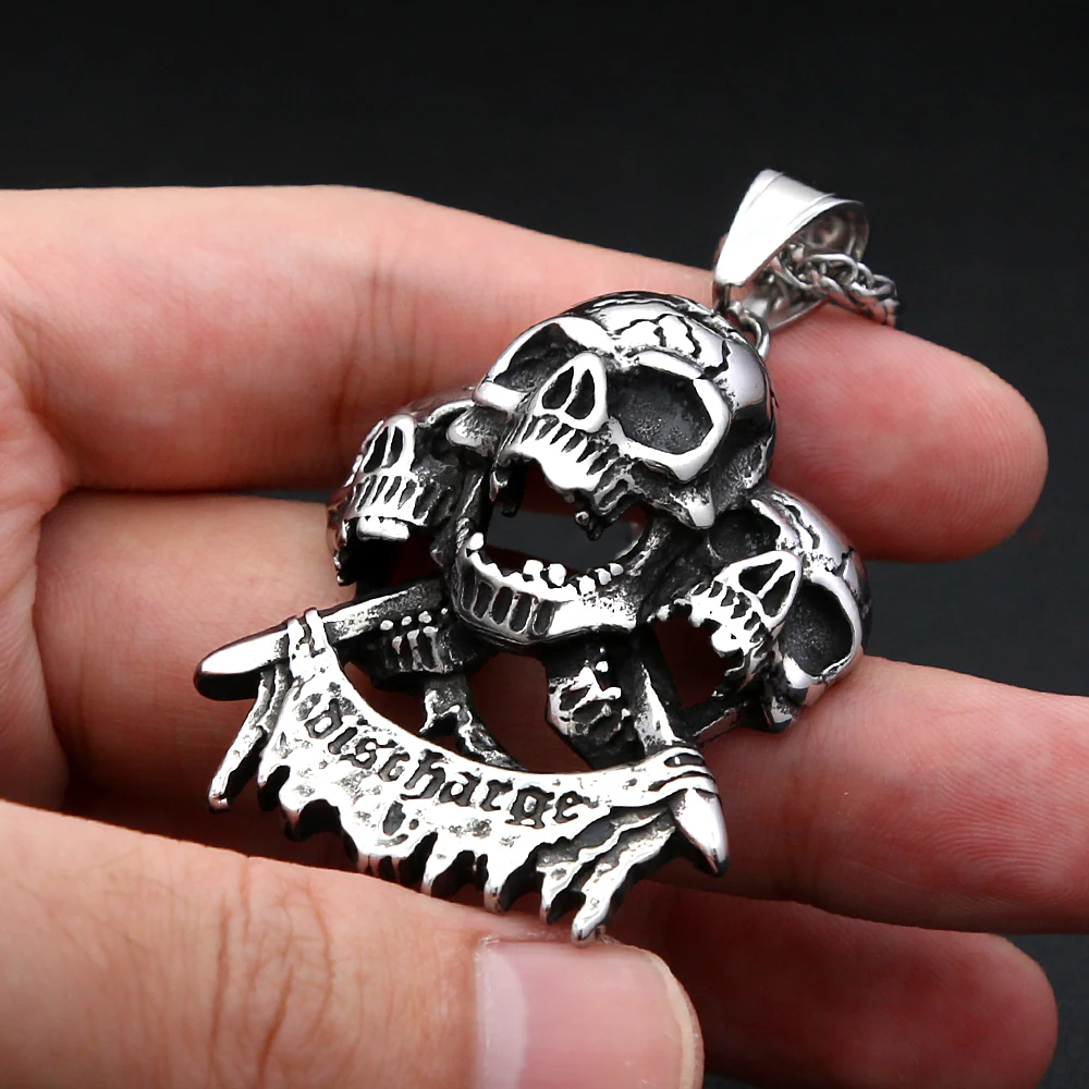 Retro Triple Skull With Crossed Blades Necklace Stainless Steel Gothic Biker Banner Charm Unisex Daily Fashion Jewelry Gift