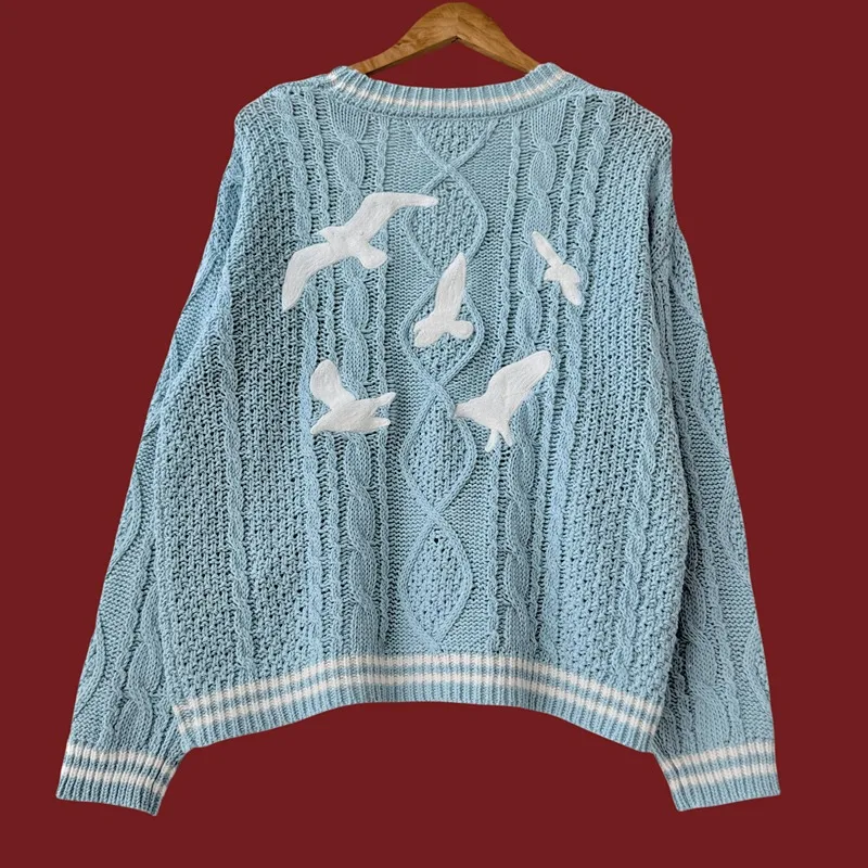 Cardigã de malha de algodão azul feminino, suéter casual, tops soltos, inverno, outono, Y2K, estiramento leve, 1989, 2023