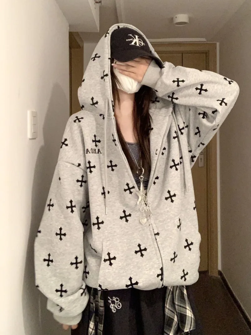 

American Retro Graffiti Hooded Sweatshirt for Women Spring Autumn New Loose Lazy Style Zip Up Hoodies Unisex Harajuku Jacket Y2k