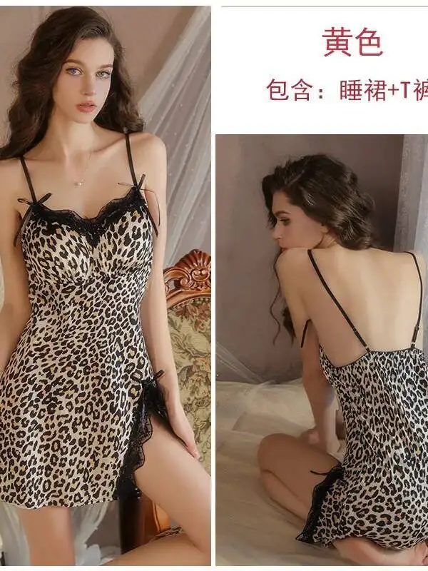 مثير ليوبارد طباعة فستان حريري الجليد عميق الخامس مع منصات الصدر عاطفي رغبة نقية ملابس منزلية غير رسمية الدانتيل فستان مشذب الساحرة SFIB