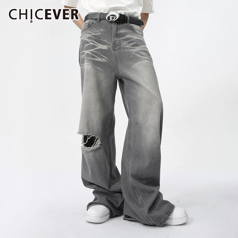 CHICEVER Streetwear Retro Gray Ripped Pants For Women High Waist Patchwork Pokect Baggy Mopping Trousers Female Summer Clothing