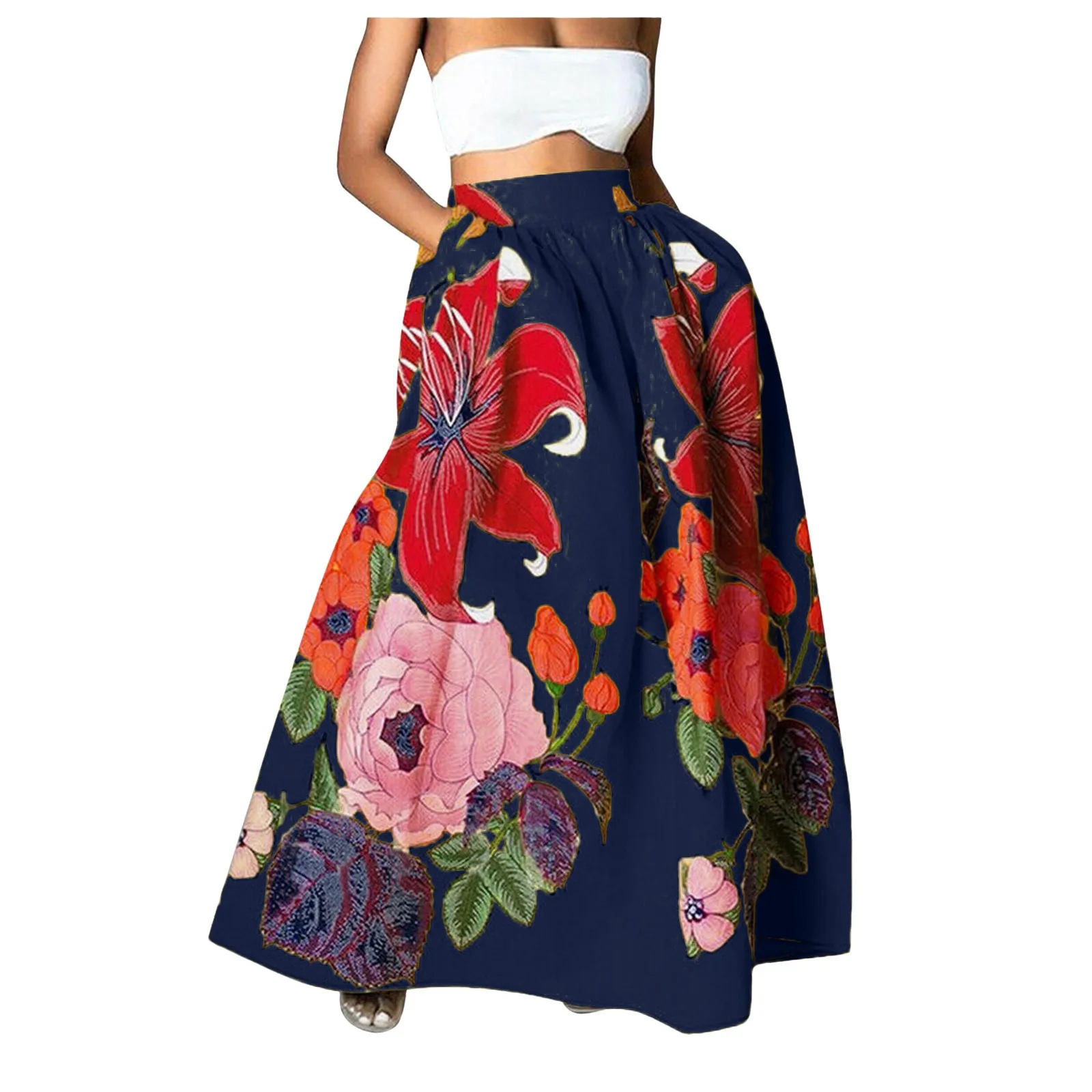 Boho Stylish Big Flower Printed Women Skirts Elegant High Waist A-line Long Maxi Skirt 2024 Casual Loose Party Holiday Skirt