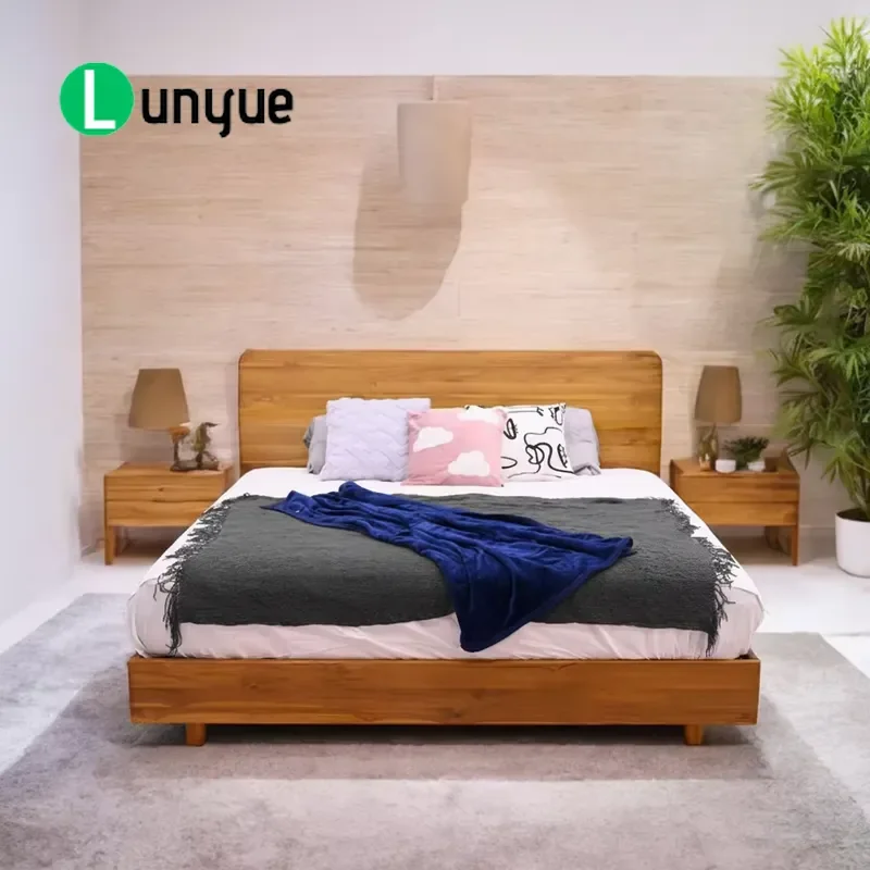 Nordic Modern Floating Bed King Size Indonesian Teak Solid Wood Platform Bed Adjustable Height Practical Comfortable Durable