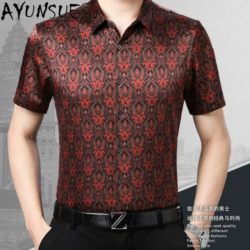 

High Quality 93% Mulberry Real Silk Shirt for Men Printed Shirts Men Clothing Summer Short Sleeved Tops Shirt Camisa Masculina