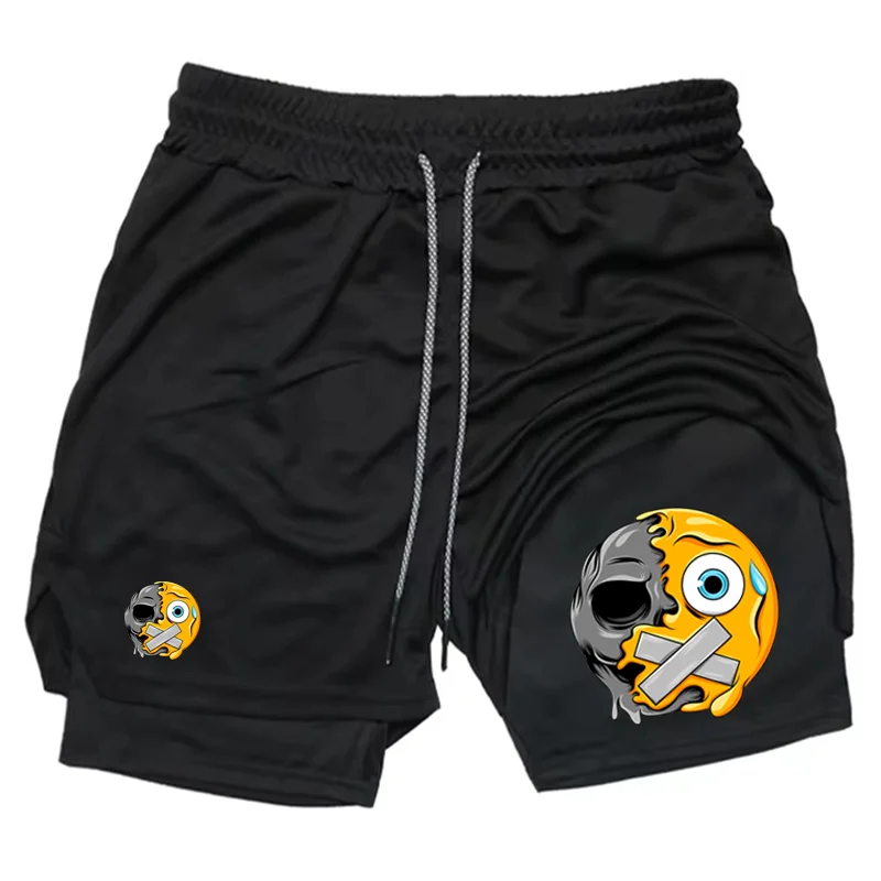 Men's Funny Skull Emoji Print Double Layer Shorts, 2-in-1 Athletic Gym Workout Running Casual Streetwear Short Pants WX098
