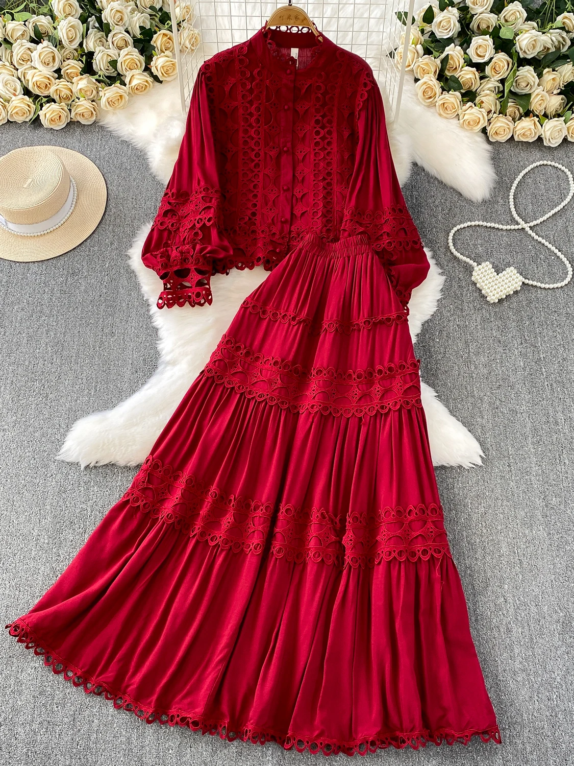 

French Hollowed Out Lace Patchwork Stand Up Collar Long Sleeve Shirt Women's High Waist Slimming Cake Half Skirt Set