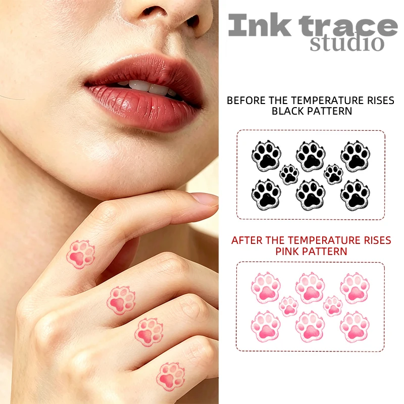 Color-Changing Cat Paw Temporary Tattoo Waterproof Black to Pink Pet Paw Print Body Art Stickers Cute Fingertip Design