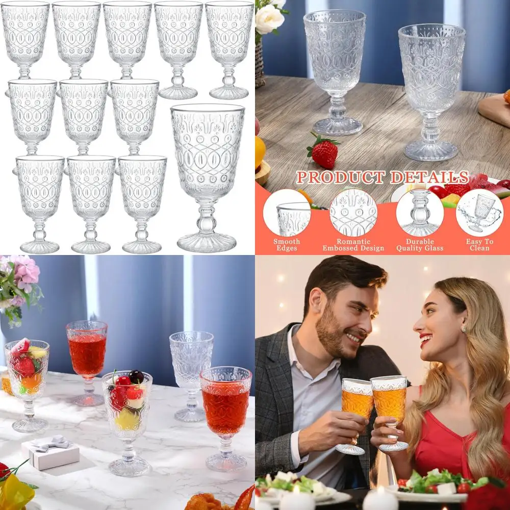 

Винтажный набор цветных стеклянных кубиков из 12 предметов — чашки с ножом на 9 унций для напитков, романтический тисненый дизайн, идеально подходят для особых случаев