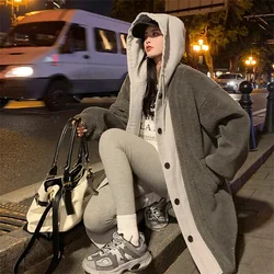 Korean Autumn Winter New mid to Long length Jacket Female Lamb wool Loose  Fashion Hooded Coat Women's Casual Long Overcoat