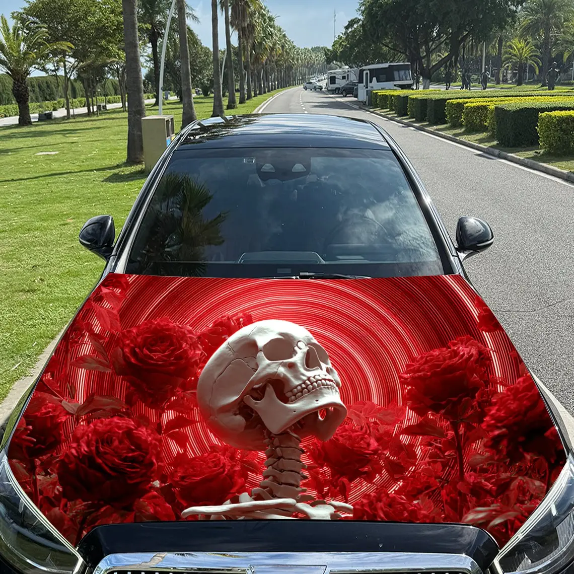 

Red Rose Skull Car Vinyl Wrap, PVC Waterproof Car Hood Sticker, Self-Adhesive Scratch-Resistant Stickers For Engine Cover, Car D