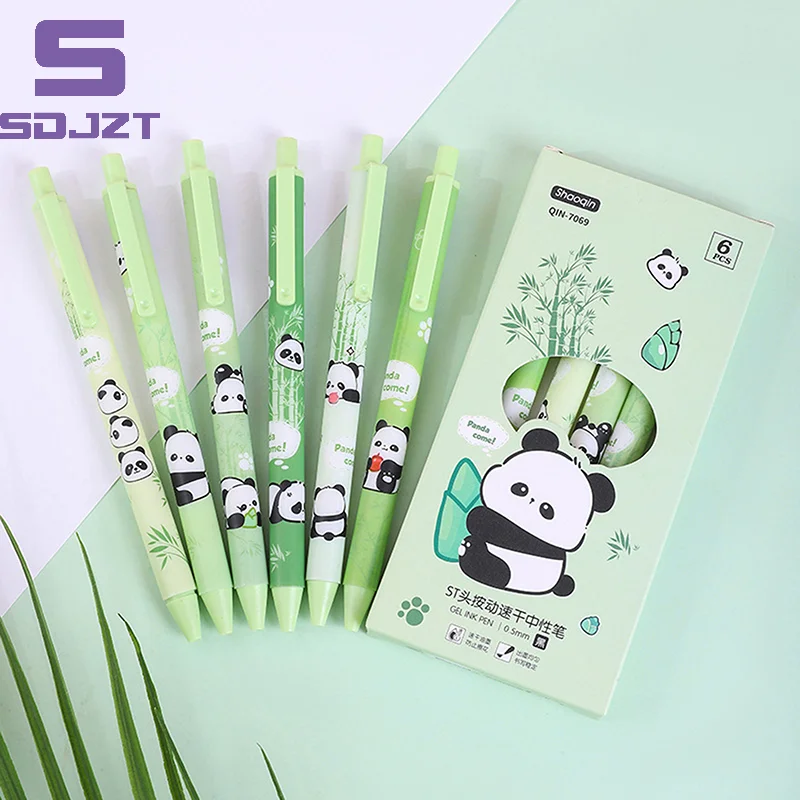 Bolígrafos de Gel con diseño de Panda para estudiantes, bolígrafos de dibujo animado de 6 piezas para escribir sin problemas, material de papelería escolar