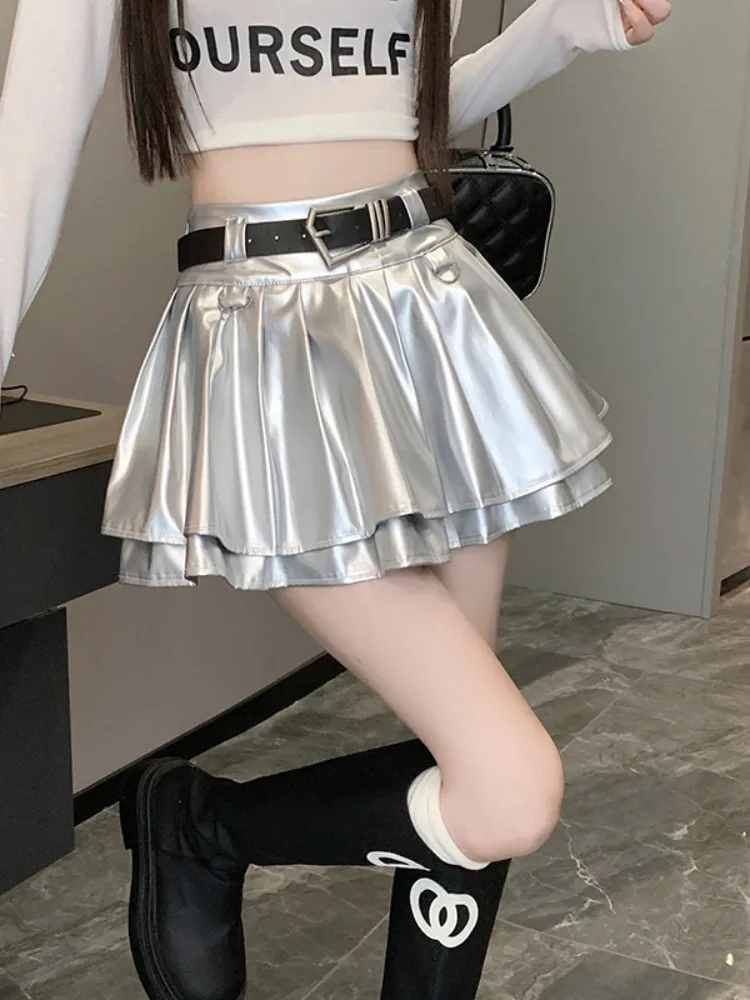 

PU leather pleated puffy cake Mini skirt for women's summer petite A-line silver ballet skirt