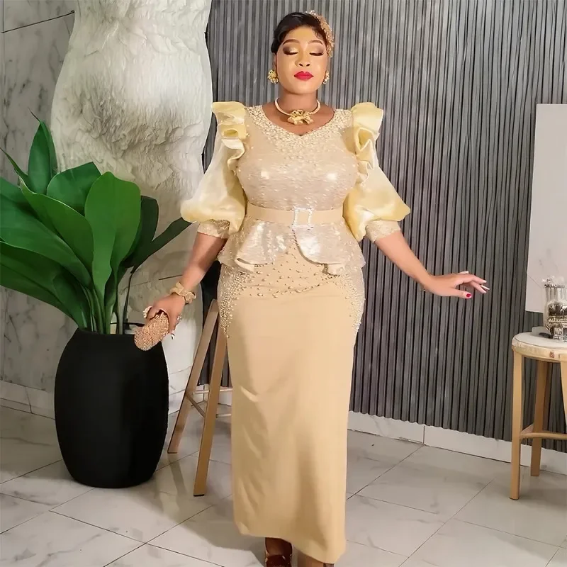 

African Dresses for Woman Plus Size Dashiki Sequin Maxi Long Dress Elegant Turkey Muslim Wedding Evening Gown Africa Clothes