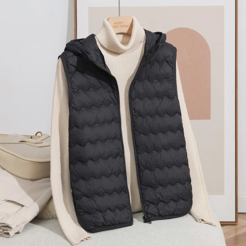 سترة نسائية خفيفة من ريش البط للخريف والشتاء، سترة عصرية خفيفة الوزن بغطاء للرأس دافئة بدون أكمام، ملابس خارجية داخلية #6