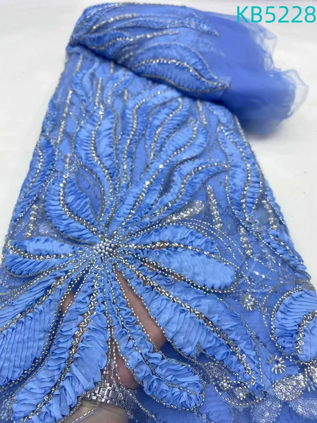 

African Blue Lace Latest Lace Fabric High Quality 2025 Red Beaded French Mesh Lace Fabrics Sequence Tulle Lace For Sewing KB5228