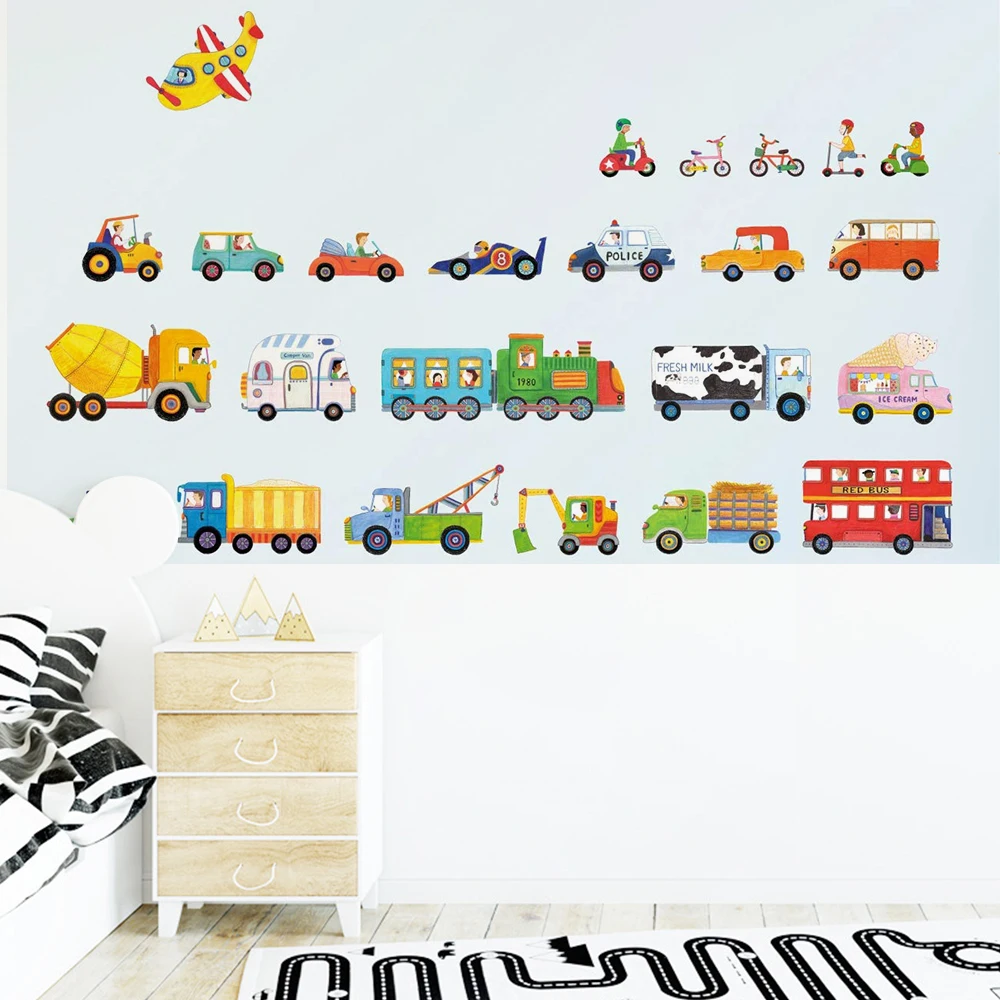 Cartoon Toy Cars and Planes Wall Stickers for Boys Bedroom Home Decoration Excavator ambulance train Sticker Wall Art Wallpaper