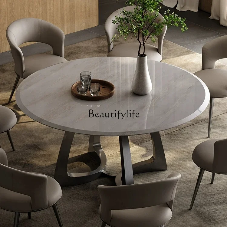 

ls 18Natural Marble Round Dining Table Light Luxury Household Stainless Steel Luxury Stone Dining Table
