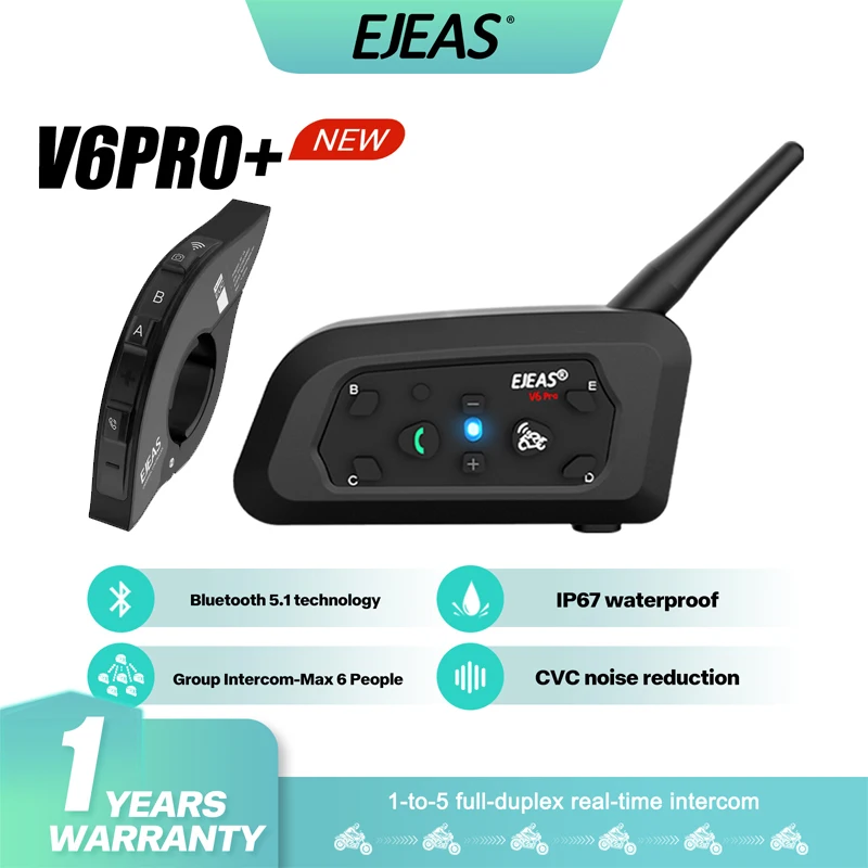 EJEAS V6 Pro + Type-C ชุดหูฟังหมวกนิรภัยรถจักรยานยนต์ EUC ระยะไกล BT5.1 สําหรับผู้ขับขี่ 6 คน 800M พูดคุย IP67 กันน้ํา
