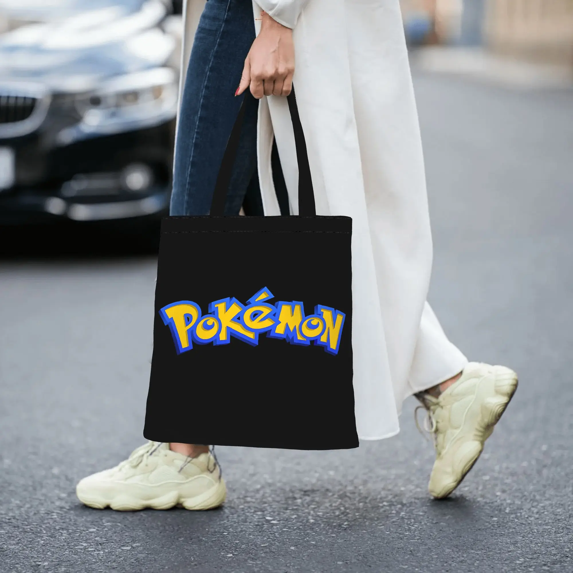 Customized POKEMON LOGO Women's Bag Shopping Bag Reusable Double Sided Canvas Tote Bag Shoulder  Handbag