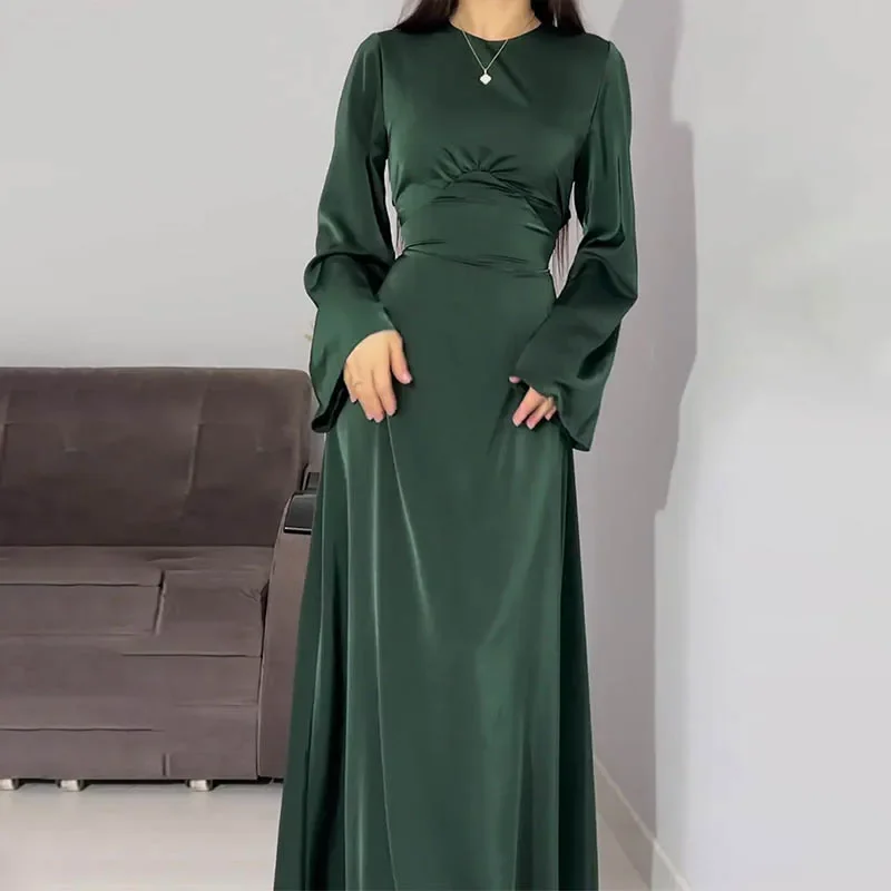 Women Clothing Lady Solid Satin Dress with Belt Femle Long Sleeve Elegant Long Dresses Partywear robes longues