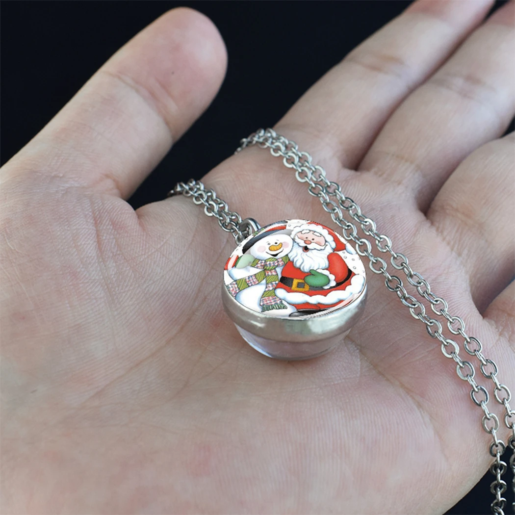 

Christmas Pattern Necklace Santa Claus Elk Snow Girl Christmas Tree Double Sided Glass Dome Ornaments for Women and Men Gift