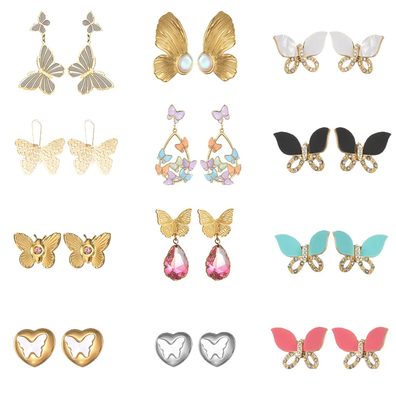 New Trendy Multiple Styles Butterfly Stud Earrings High-End Gold Plated Stainless Steel For Women Girl Accessories Jewelry Gifts