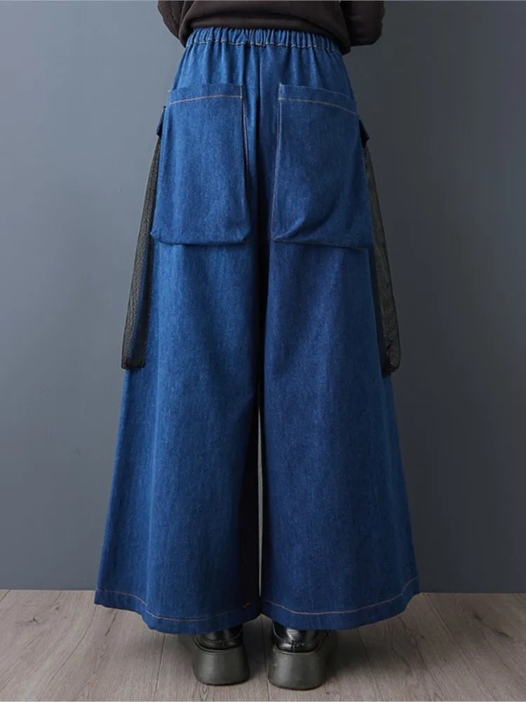 Oversized Autumn Jeans Wide Leg Pants Women Wesh Patchwork High Waist Pants Ladies Trousers Fashion Loose Woman Cargo Pants
