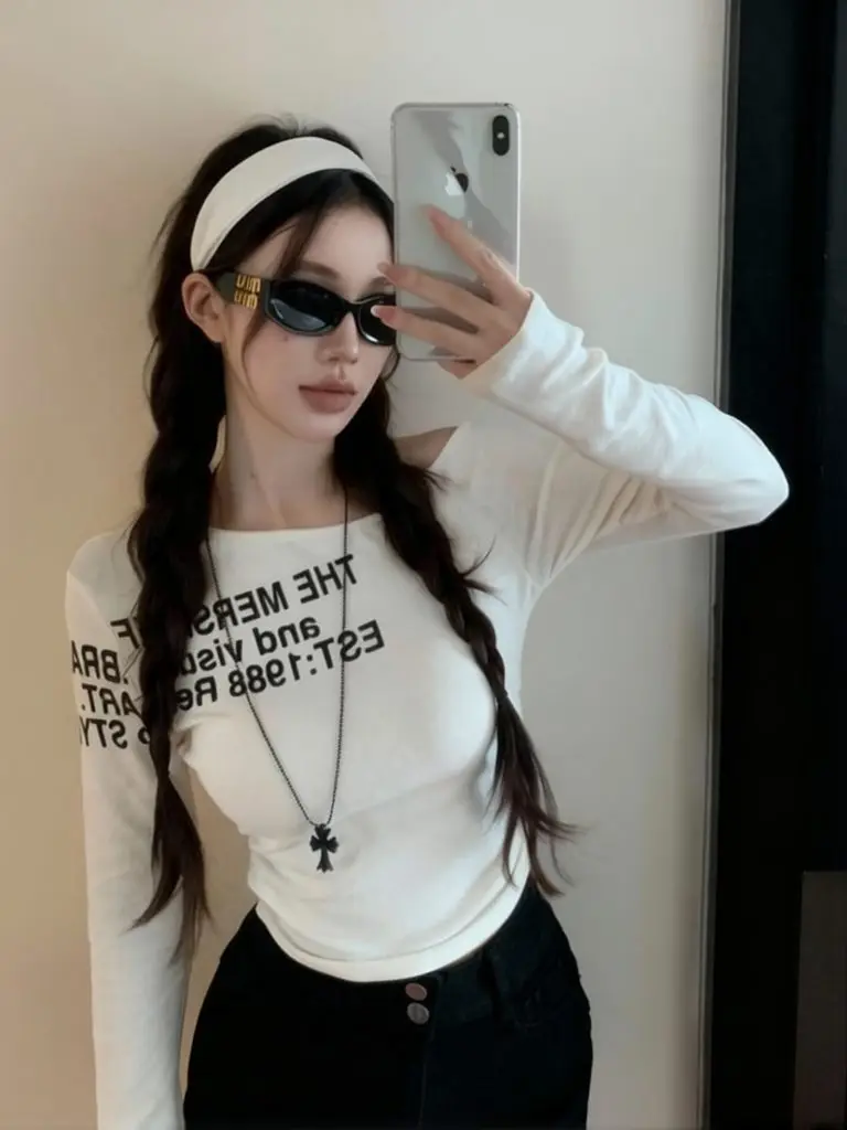 Y2k Txt Print One Shoulder T Shirts Women Off-shoulder Long Sleeve Top Women Brushed Fleece Body Basic Tees Spring Outwear